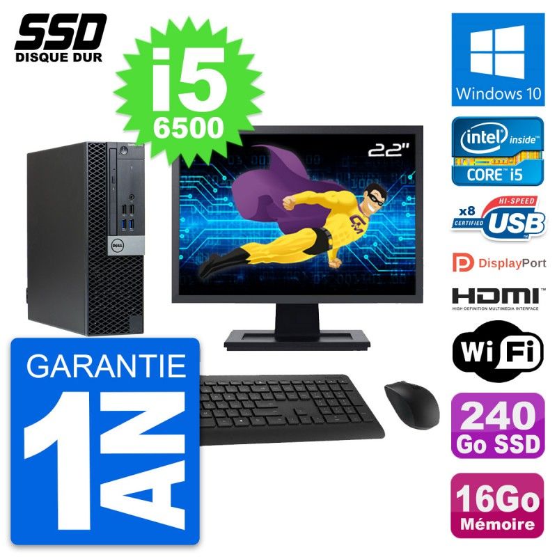 Dell OptiPlex 3040 SFF Computer - 22" Screen, Intel i5-6500, 16GB RAM, 240GB SSD, HDMI, WiFi