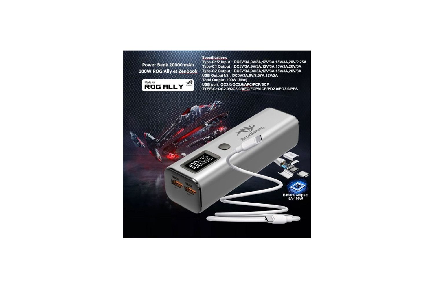 Batería portátil Ibroz Gaming 20.000 mAh USB-C Plata + cable USB-C para Asus Rog Ally