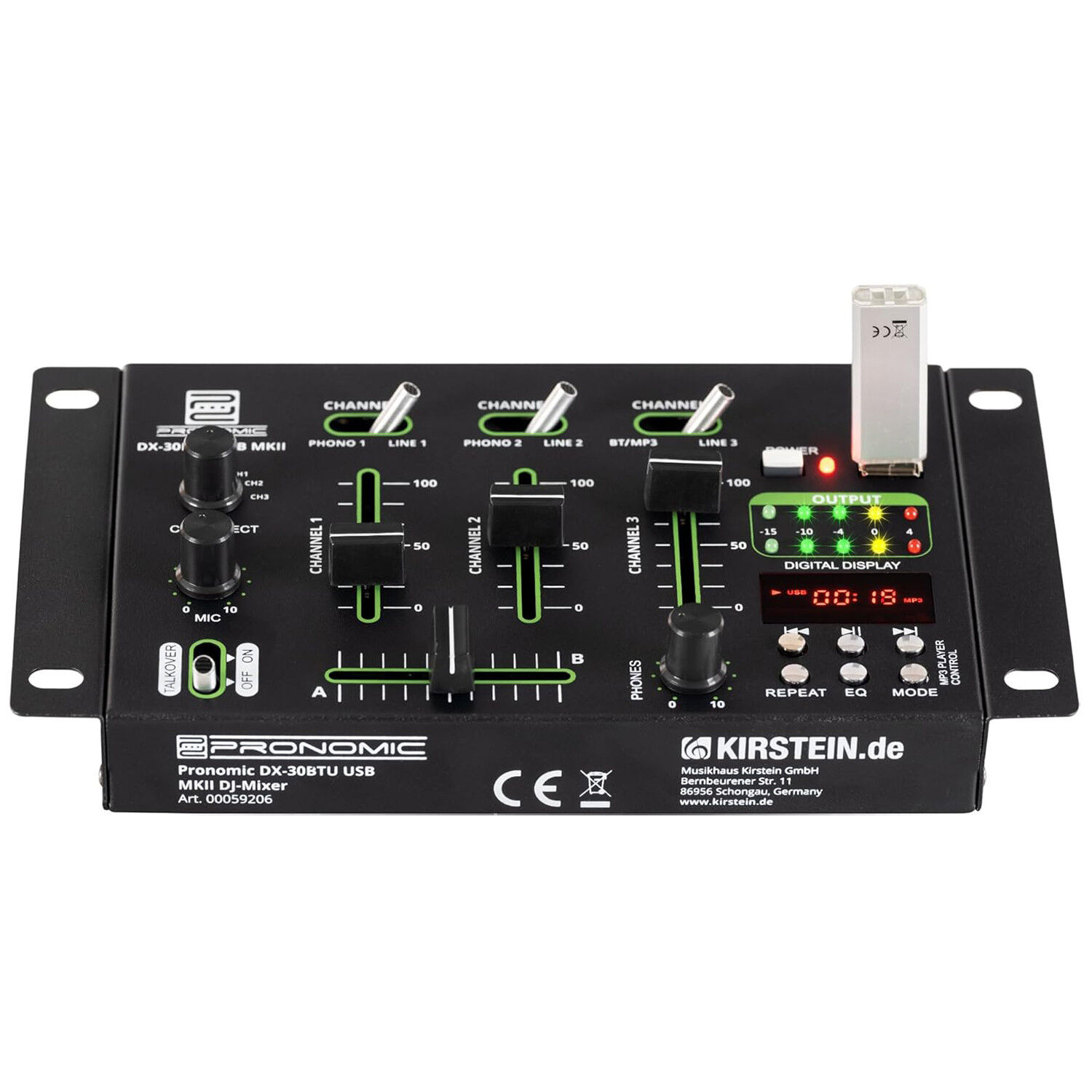 Pronomic DX-30BTU USB MKII Bluetooth Mixing Table - 3 Channels - Cue Function - USB/MP3/Bluetooth Player - Includes Power Supply