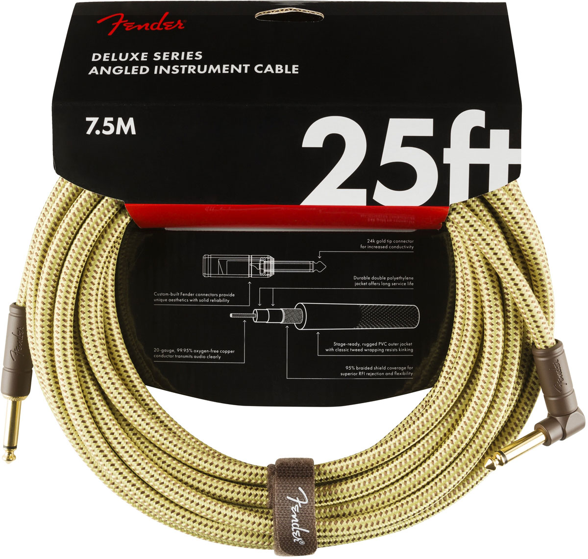 Câble Fender Deluxe 25 - Câble instrument tweed - 7,5 m - Jaune