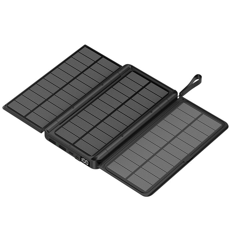 SZSMART Solar Power Bank 20000mAh with Removable Foldable Solar Panels + Wireless Charging + LED Flashlight - Black