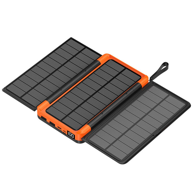 SZSMART Solar Power Bank 20000mAh with Removable Foldable Solar Panels + Wireless Charging + LED Light - Orange