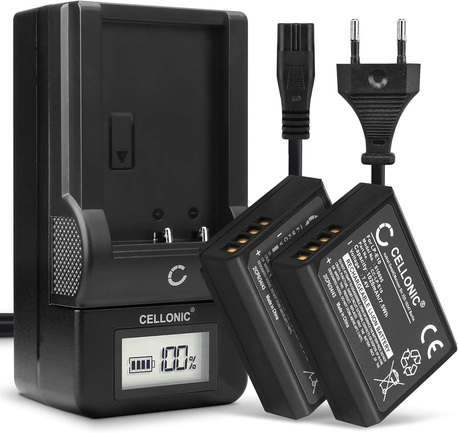 LP-E10 Battery for Digital Camera - Compatible with Canon EOS 2000D, 1100D, 1300D, 1200D (7.4V, 1020mAh) 2 Pack + Charger