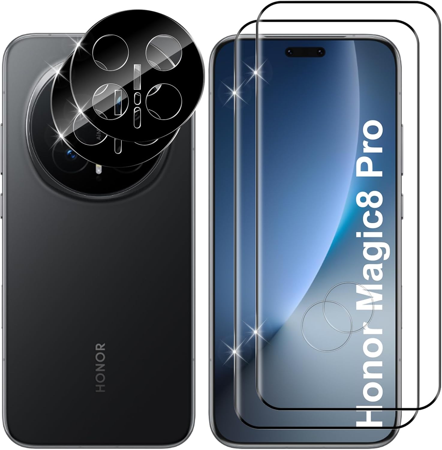 Honor Magic 8 Pro 5G Screen Protector Kit (2x Glass Screen Protectors + 2x Camera Lens Protectors - Black)