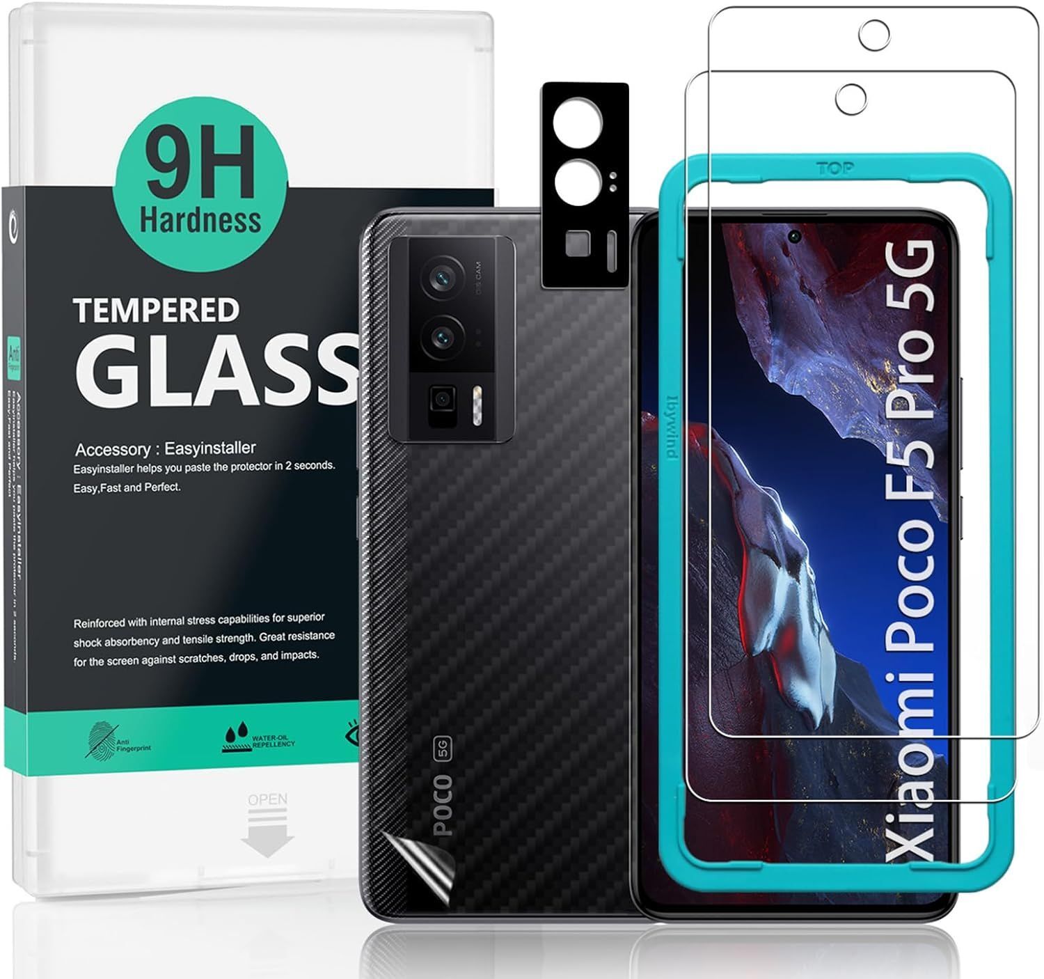 Protective Screen for Xiaomi Poco F5 Pro 5G (6.67") with 2 Glass Films, Camera Lens Protection, Carbon Fiber Film [No Bubbles]