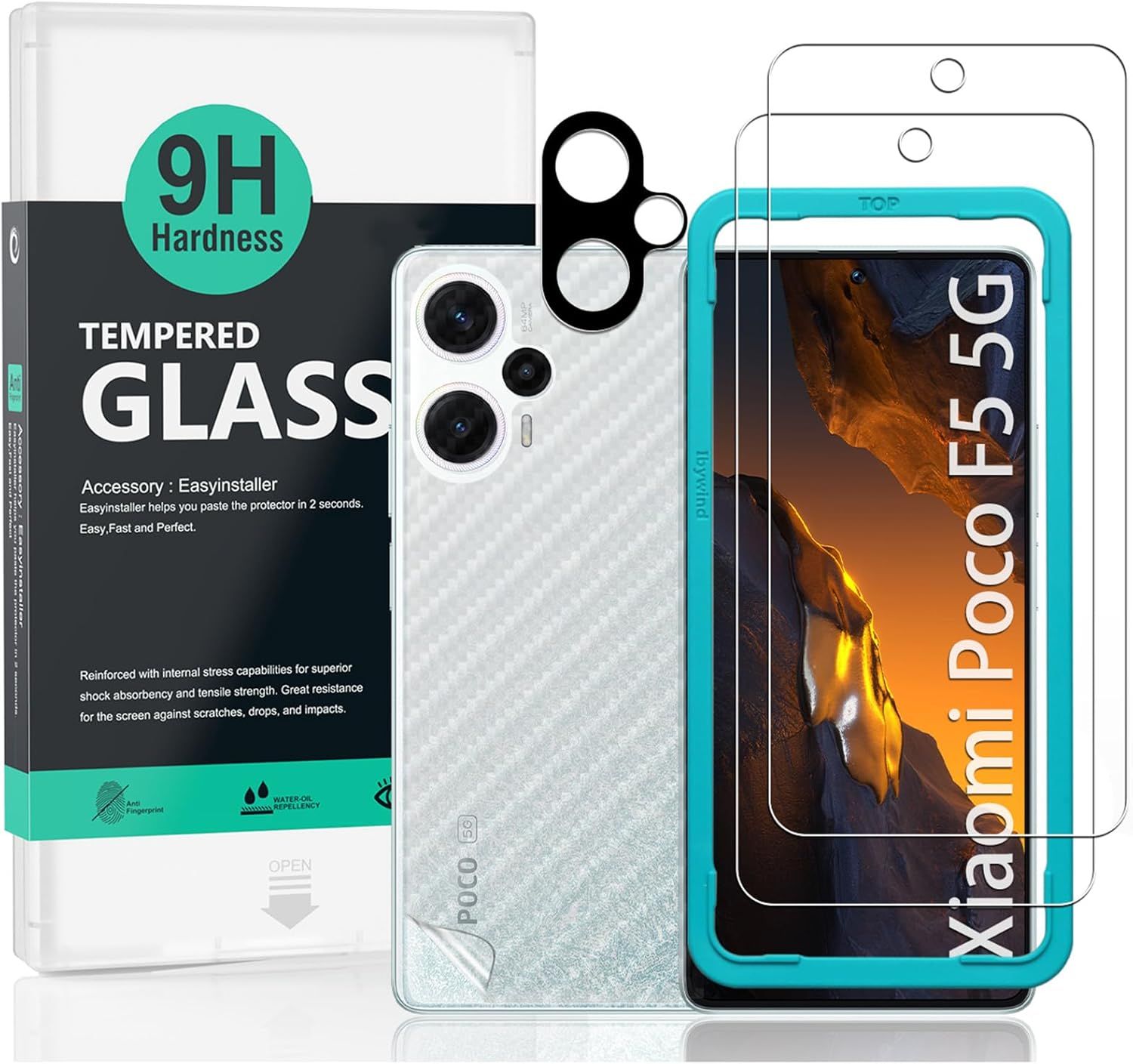 Protector de Pantalla para Xiaomi Poco F5 5G (6.67"), con 2 Piezas de Vidrio Templado, 1 Protección de Cámara, 1 Película de Fibra de Carbono [Sin Burbujas]