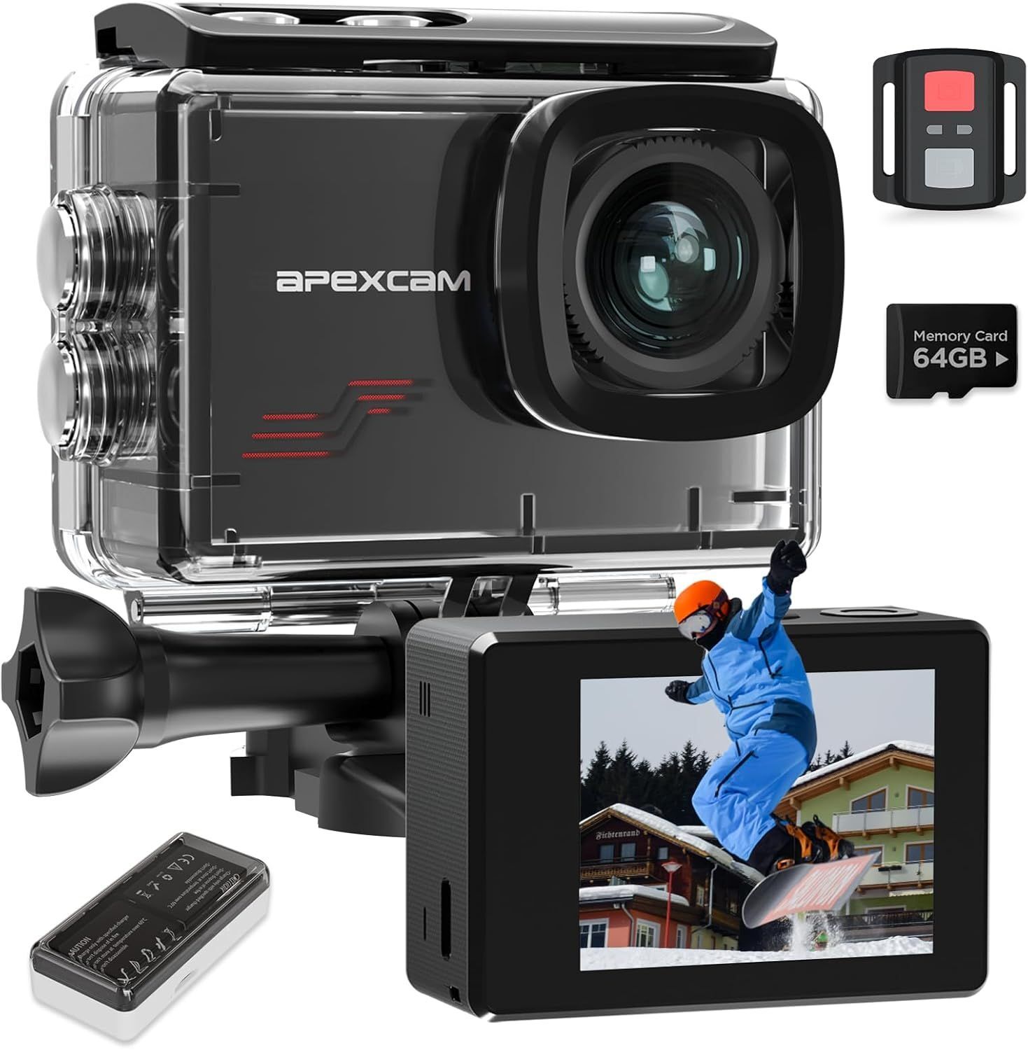 Cámara deportiva Apexcam M80 4K 60fps con tarjeta de 64GB, foto de 48MP, resistente al agua hasta 40m, zoom 8x, gran angular de 170°