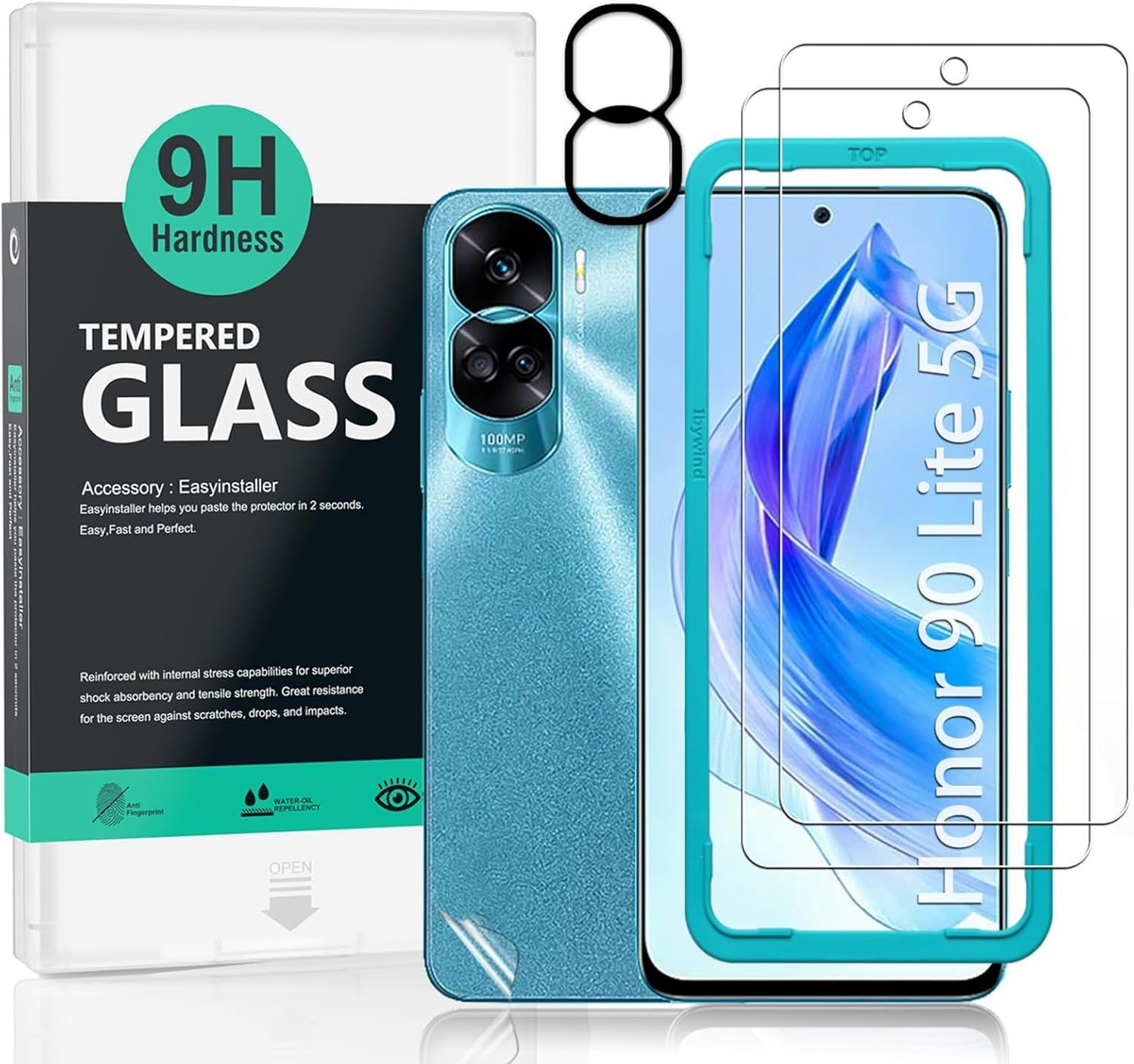 Kalanka Screen Protector for Honor 90 Lite 5G (6.7") - 2 Pieces of Tempered Glass, 1 Camera Lens Protection, 1 Carbon Fiber Film [No Bubbles]