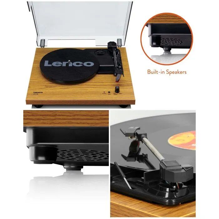 Plato de vinilo de madera Lenco - 33 45 RPM estéreo semiautomático con altavoces integrados