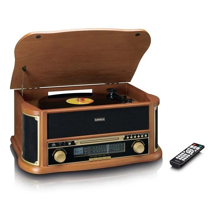 Plato de vinilo de madera retro Bluetooth Lenco con radio FM - USB a MP3 - Reproductor CD integrado - Reproductor de casete - 3 velocidades - Correa de transmisión - Pantalla LCD - Altavoces integrados - Capó plegable - Brazo metálico articulado - Salidas RCA, AUX y auriculares de 3,5 mm