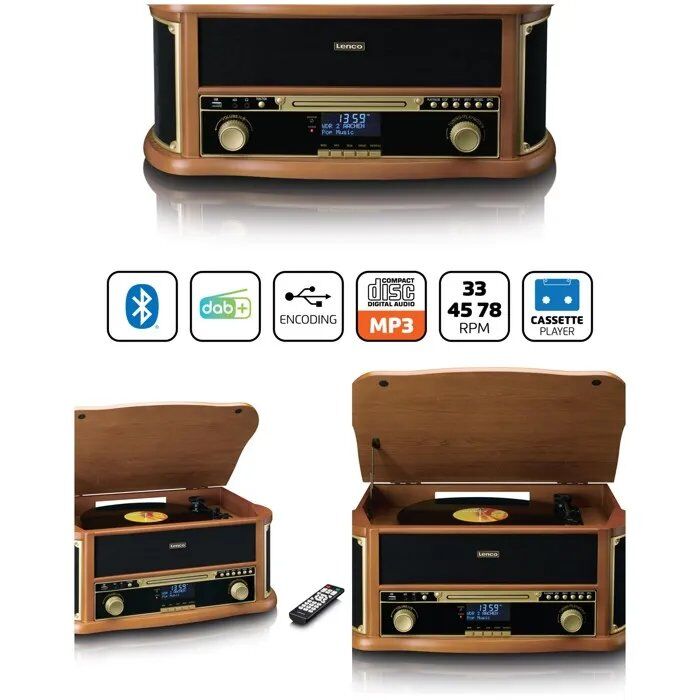 Placa de vinilo vintage con Bluetooth de madera, radio FM-USB-RCA/AUX con control remoto - Reproductor de CD