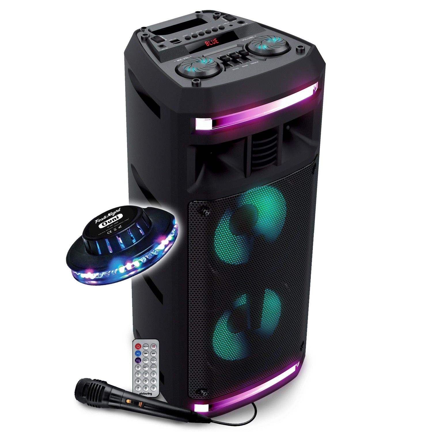 Pickering SONO DJ Self-Powered Speaker - FX62 - 300W - USB SD Bluetooth FM Radio - 2x 16cm LED RGB Boomers + UFO Light Show