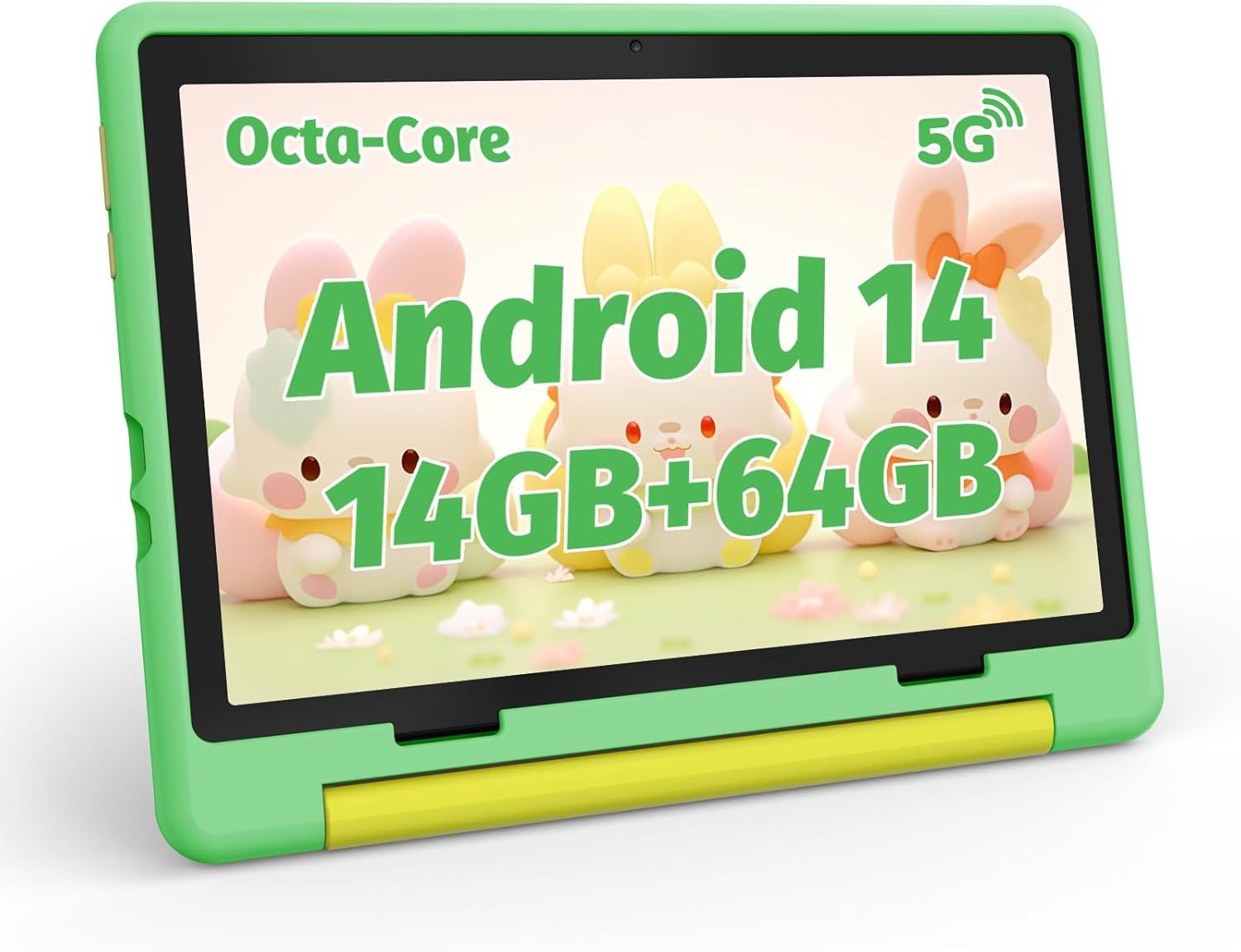 AEEZO Kids Tablet 10 inches Android 14 with 14GB + 64GB + 1TB TF, HD Screen 1280x800, 5000mAh, Wi-Fi 6, Bluetooth 5.3, Dual Camera with Kid-Proof Case (Green)