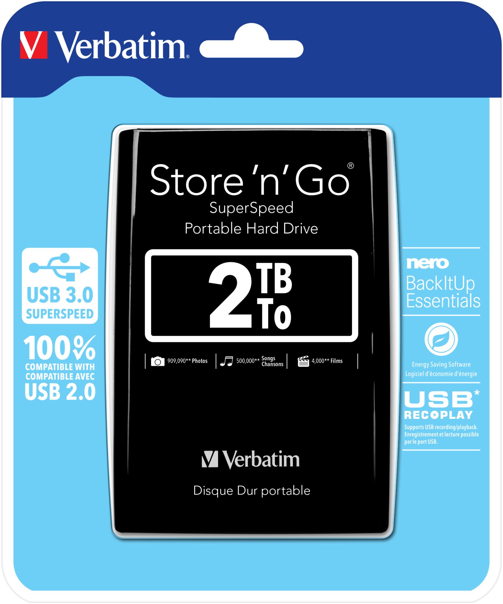 Verbatim Portable USB Hard Drive Store 'n' Go 3.0, 2TB, Black