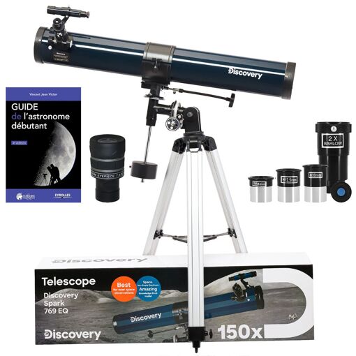 Kit del Telescopio Discovery Spark 769 EQ con Accesorios, Espejo de 76 mm, Focalización de 900 mm