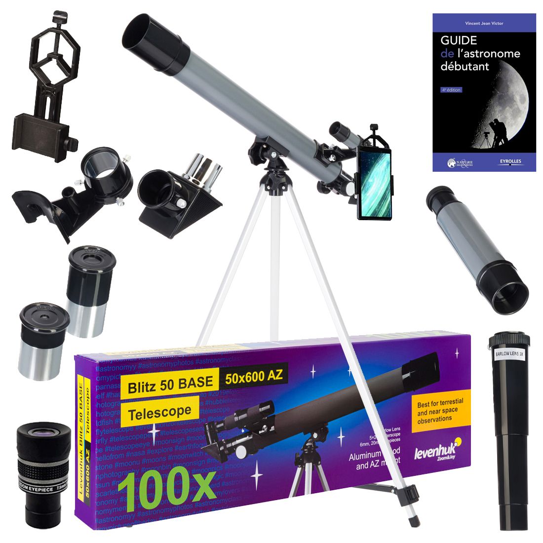 Télescope d'astrophotographie Levenhuk Blitz 50 Base avec zoom, oculaires et accessoires