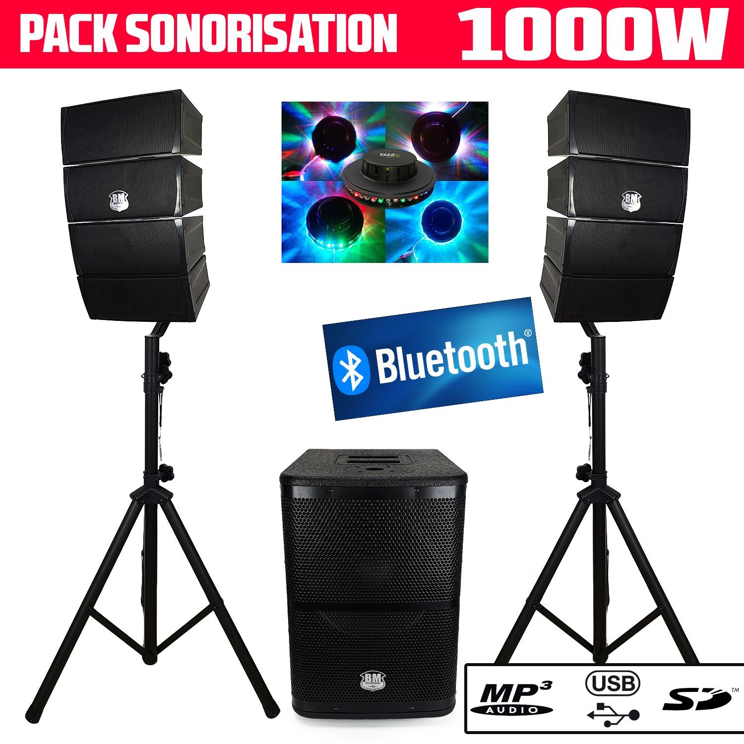 Bm Sonic BMS12-ARRAY 2.1 Sound System Pack - 1000W DJ Array, Subwoofer, Satellites, Stand and Light