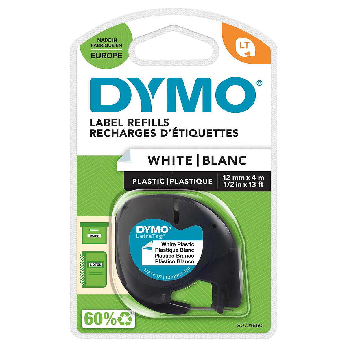 Ruban d'étiquettes Dymo LetraTAG Noir sur Blanc