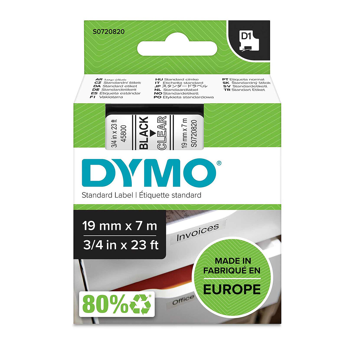 Ruban adhésif Dymo D1 Standard - Noir/Transparence, 19 mm x 7 m