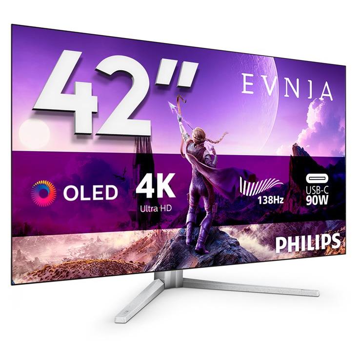 Philips Evnia 42-inch OLED Gaming Monitor - 4K 3840x2160, 450 cd/m², HDR10, 0.1ms Response Time, 2x HDMI, DisplayPort, USB-C, Built-in Speakers - White