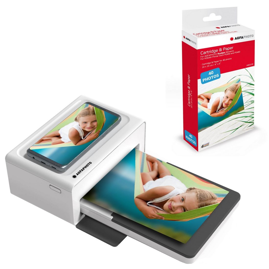 Agfaphoto Realipix Moments Portable Photo Printer + Ink Cartridges and Paper - Bluetooth Photo Printing 10x15 cm from Smartphone Apple and Android, 4-Pass Thermal Sublimation - White