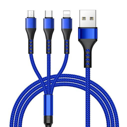 Câble USB 3 en 1 de E.F.Connection, USB-C vers Micro-USB pour iPhone 15 Pro Max, iPhone 14 Pro, etc. - Bleu