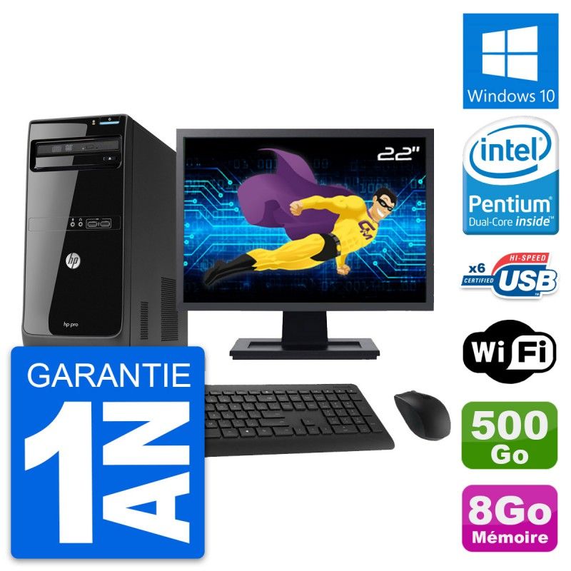 HP Pro 3400 MT Desktop PC - 22" Screen, Intel Pentium G630, 8GB RAM, 500GB HDD, Windows 10, WiFi