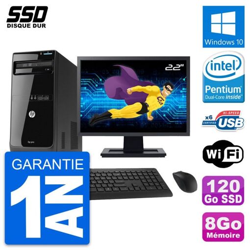 Ordinateur de bureau HP Pro 3400 MT - Écran 22'', Intel Pentium G630, 8 Go de RAM, SSD 120 Go, Windows 10, Wi-Fi