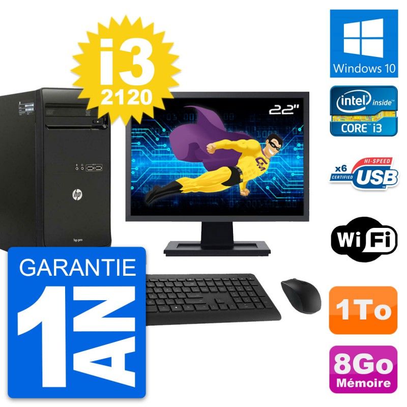 HP Pro 3400 MT Desktop PC - 22" Screen, Core i3-2120, 8GB RAM, 1TB HDD, Windows 10, WiFi