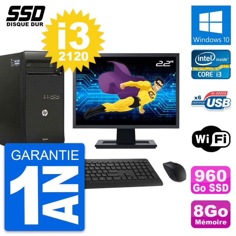 HP Pro 3400 MT Desktop PC - 22" Screen, Core i3-2120, 8GB RAM, 960GB SSD, Windows 10, WiFi