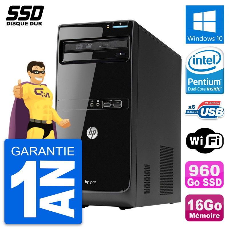 HP Pro 3500 MT Desktop PC - Intel Pentium G2020, 16GB RAM, 960GB SSD, Windows 10, WiFi