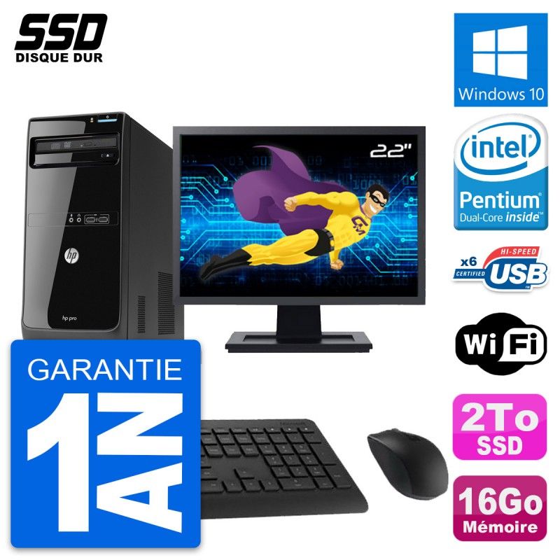 HP Pro 3500 MT Desktop Computer - 22" Screen, Pentium G2020, 16GB RAM, 2TB SSD, Windows 10, WiFi
