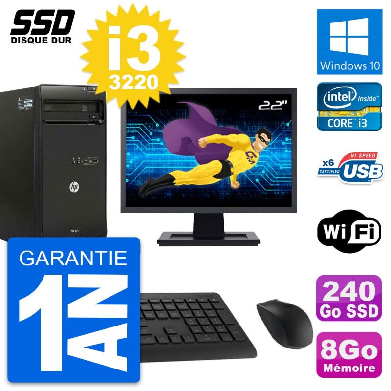 HP Pro 3500 MT Desktop PC - 22" Screen, Core i3-3220, 8GB RAM, 240GB SSD, Windows 10, WiFi