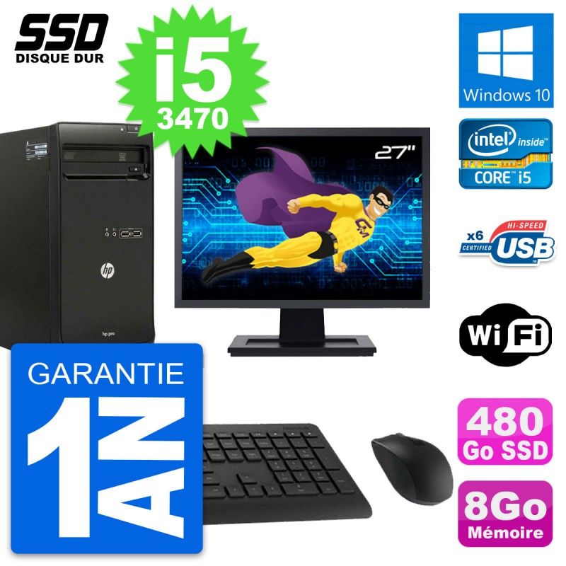 HP Pro 3500 MT Desktop PC - 27" Screen, Core i5-3470, 8GB RAM, 480GB SSD, Windows 10, Wifi
