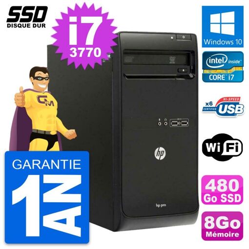 HP Pro 3500 MT Desktop PC - Intel Core i7-3770, 8GB RAM, 480GB SSD, Windows 10, WiFi