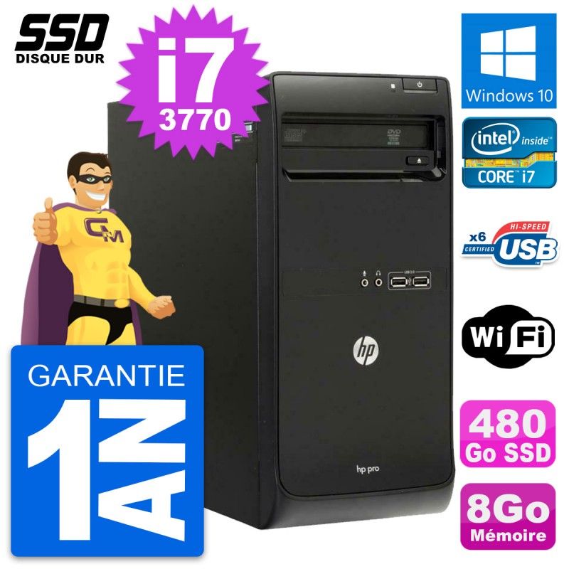 HP Pro 3500 MT Desktop PC - Intel Core i7-3770, 8GB RAM, 480GB SSD, Windows 10, WiFi