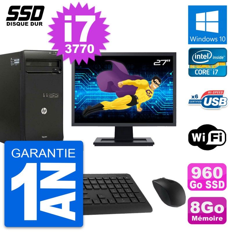 HP Pro 3500 MT Desktop PC - 27" Screen, Core i7-3770, 8GB RAM, 960GB SSD, Windows 10, WiFi