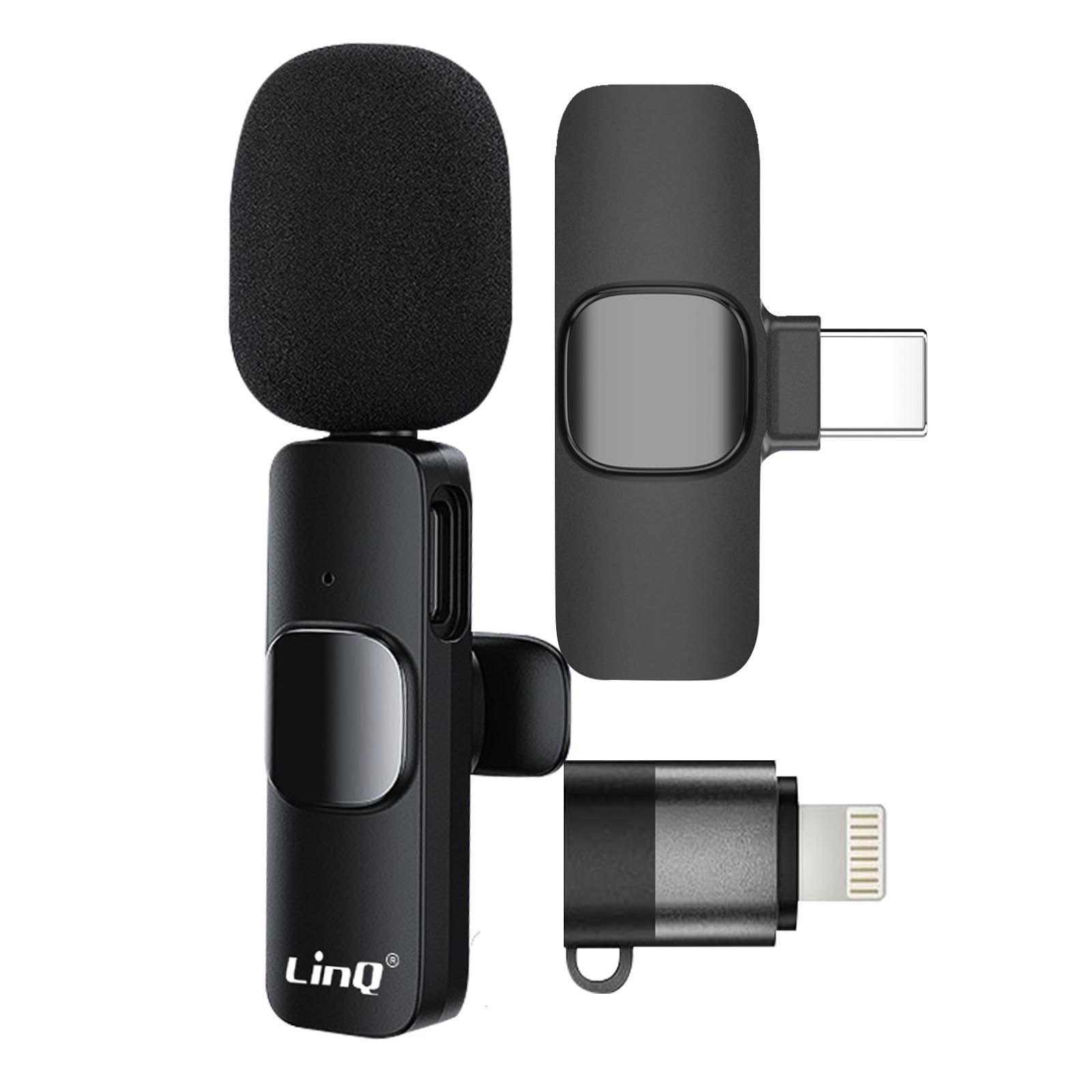 LinQ Wireless Microphone with Noise Cancellation and USB-C/Lightning Adapters - Black