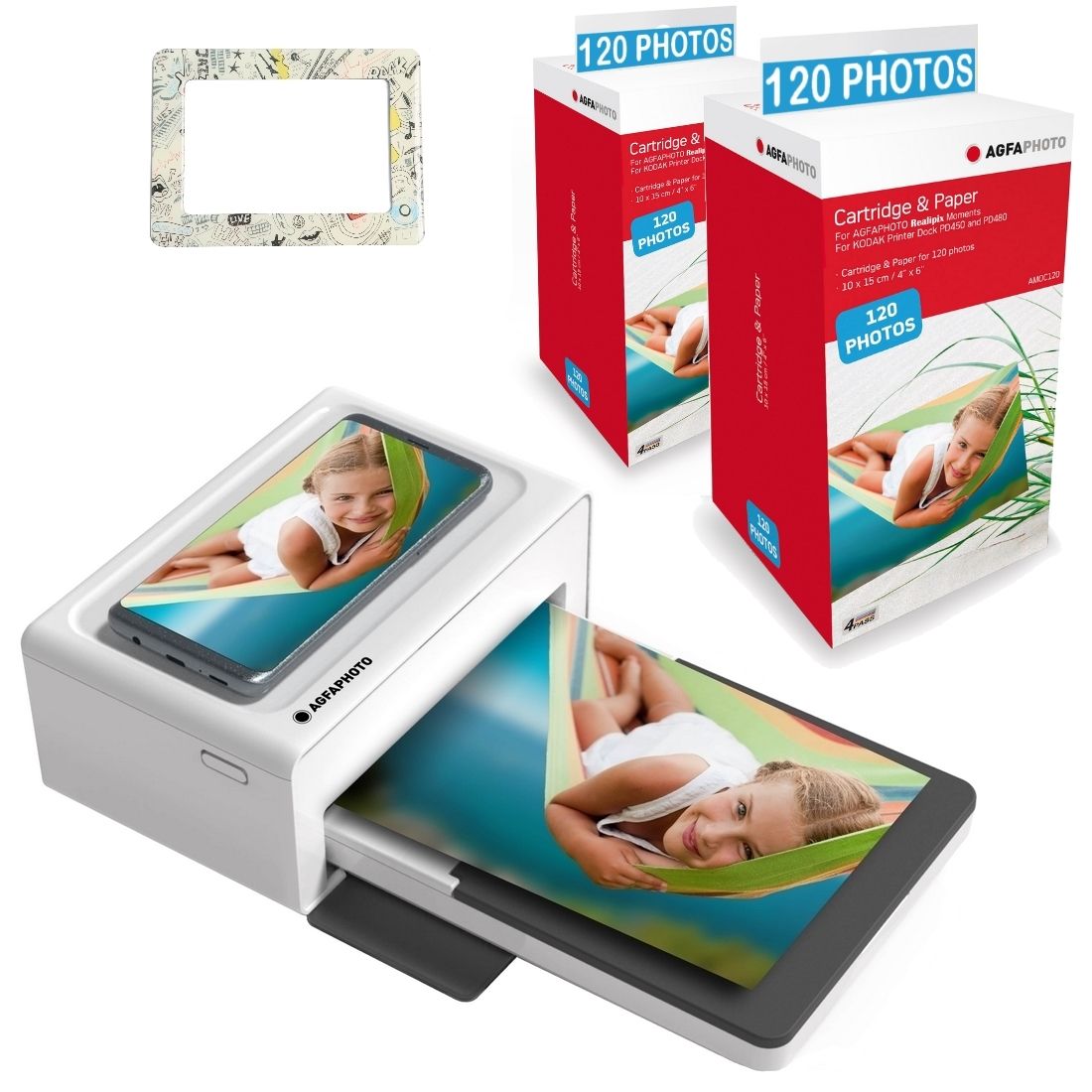 Agfaphoto Realipix Moments Portable Photo Printer + Ink Cartridges and Paper - 240 Photos - Magnetic Frame - Bluetooth Photo Printing 10x15 cm, iOS & Android, 4-Pass Thermal Sublimation - White