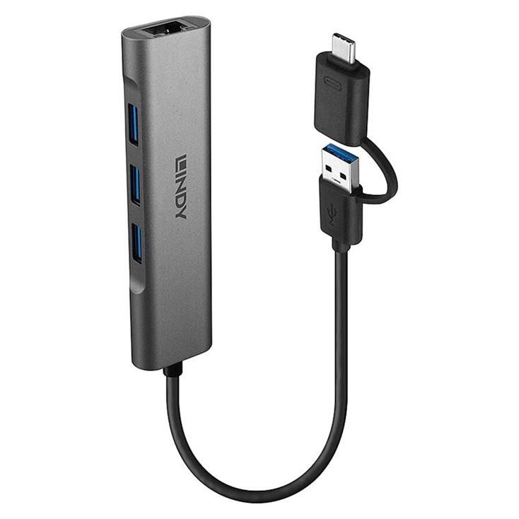Hub Lindy - 3 x USB 3.2 + 1 x Ethernet Gigabit