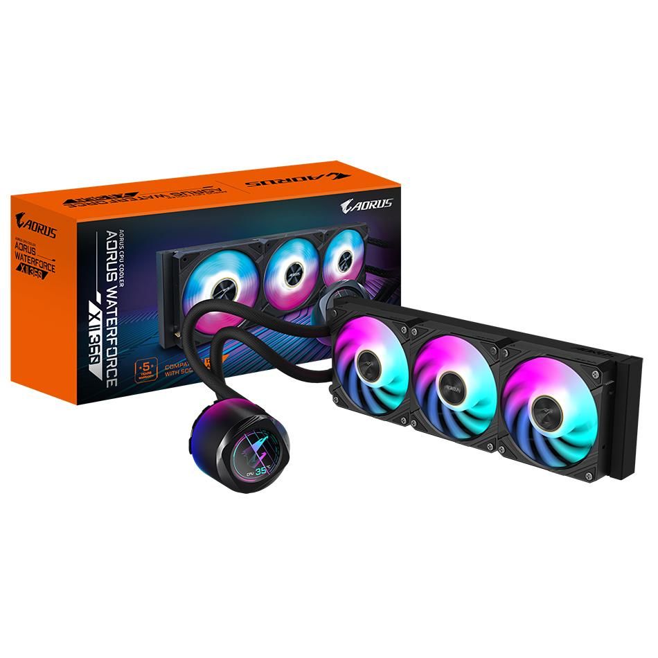 Gigabyte AORUS WATERFORCE X II 360 Liquid CPU Cooler - 3x 120mm ARGB Fans, Color LCD Screen, DAISY-CHAIN, Compatible with Intel LGA 1851 and AMD AM5