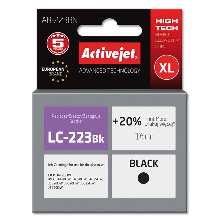 Activejet Ink Cartridge AB-223BN (Brother LC223BK Replacement; High Yield; 16ml; Black)