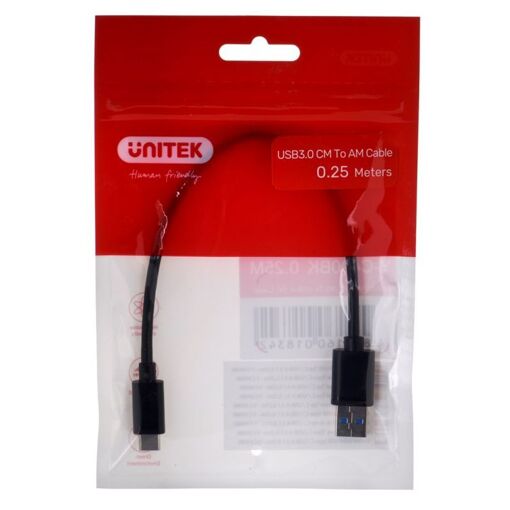 Câble Unitek USB-C vers USB-A, 0,25m, Noir