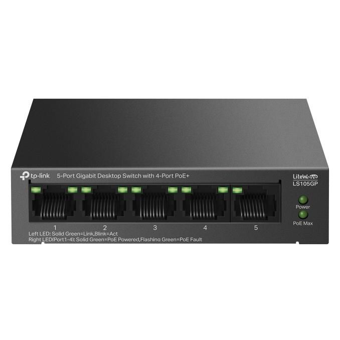 TP-Link LiteWave LS105GP V1 - Switch - 4 x 10/100/1000 (PoE+) + 1 x 10/100/1000 - Desk/Wall Mountable - PoE+ (65W)