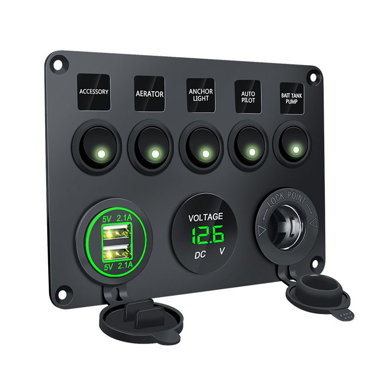 5-Switch Control Panel with Voltmeter, 2 USB Ports and Outlet