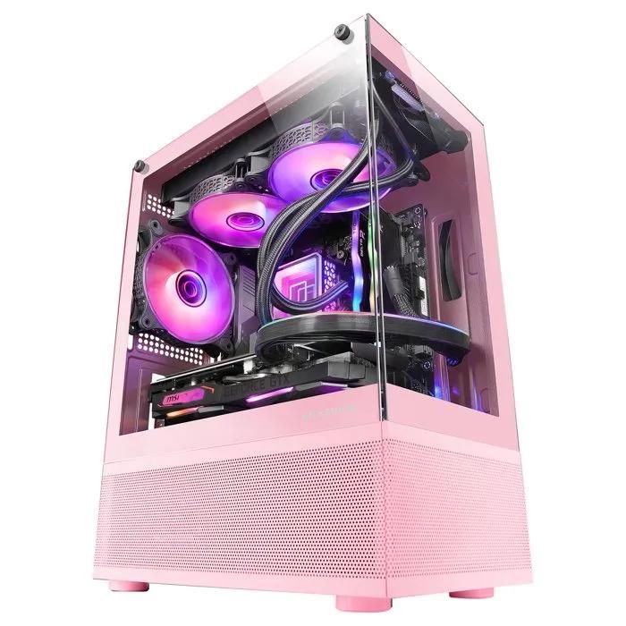 Mars Gaming MC-SE Micro-ATX PC Case, 90-Degree Side Glass, AirTech Mesh Technology, Double Chamber, Pink