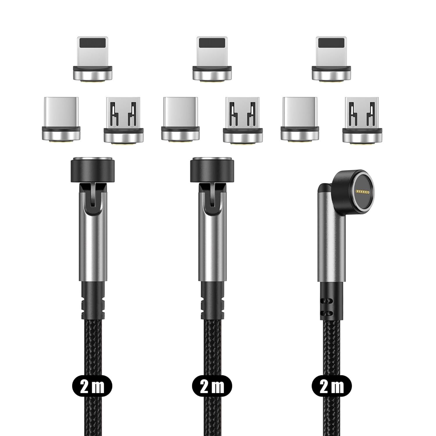Cable de carga magnético [Paquete de 3 de 2M], carga rápida y transferencia de datos, cable magnético compatible con Micro-USB, teléfonos inteligentes USB-C, iProductos y Android Auto