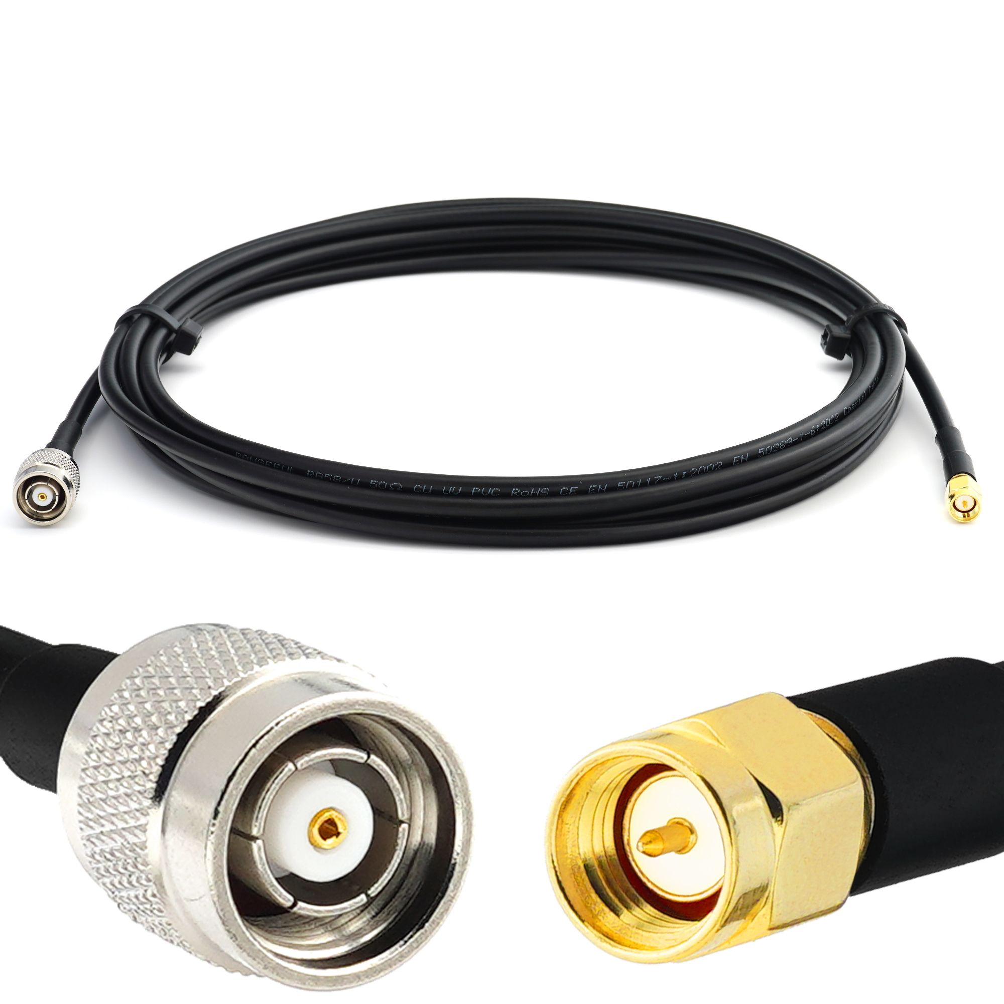 Cable coaxial RG58/U de 12 m de pérdida baja RP-TNC a SMA Extensión, TNC invertida hembra