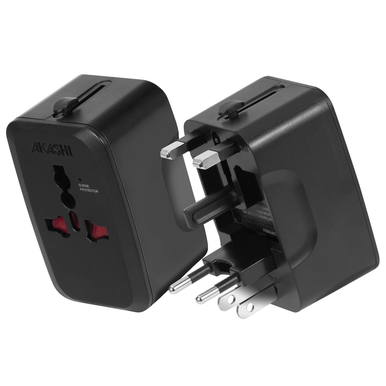 Akashi International Travel Adapter (US/UK/EU/AUS) - 1x Female Outlet, Black