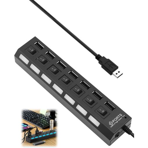Hub SPIDER INSTINCT 7 ports USB 2.0 avec interrupteur et lumière LED